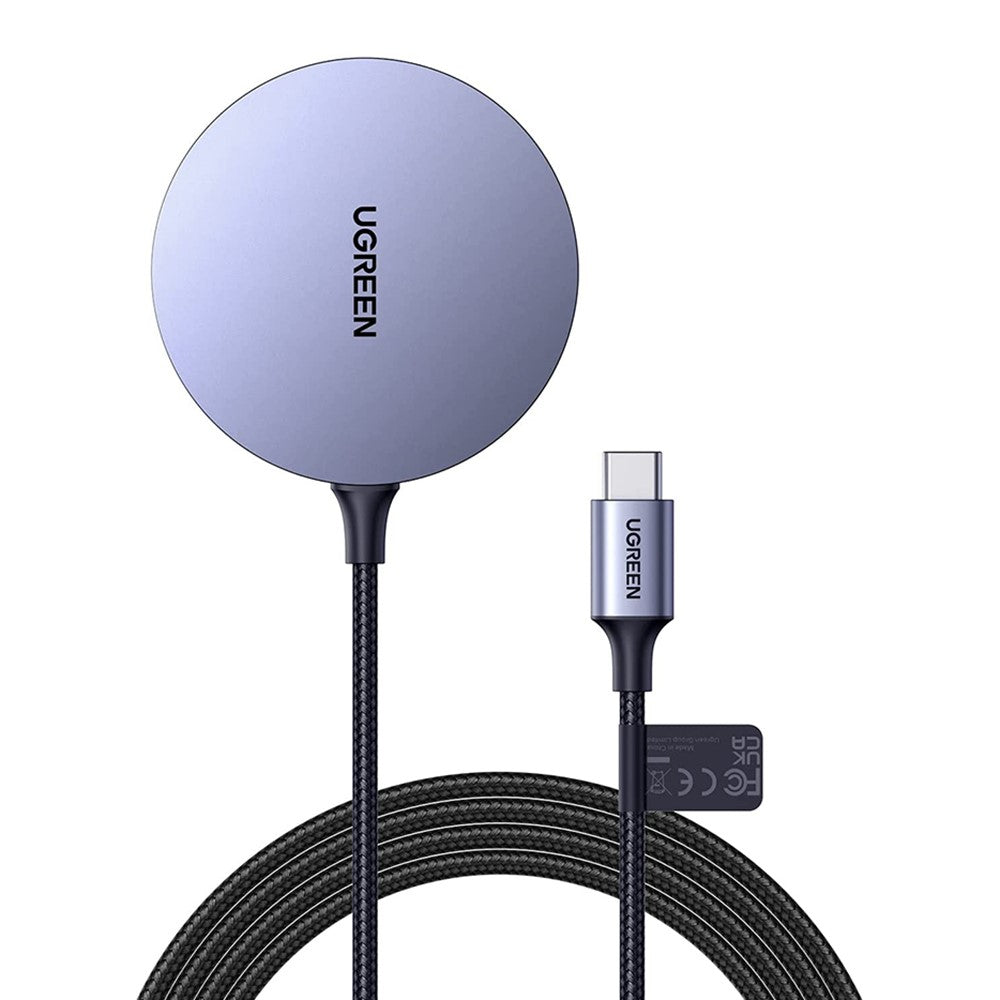 Ugreen 30233 magnetic wireless charger in purple-grey with its coiled black braided USB-C cable