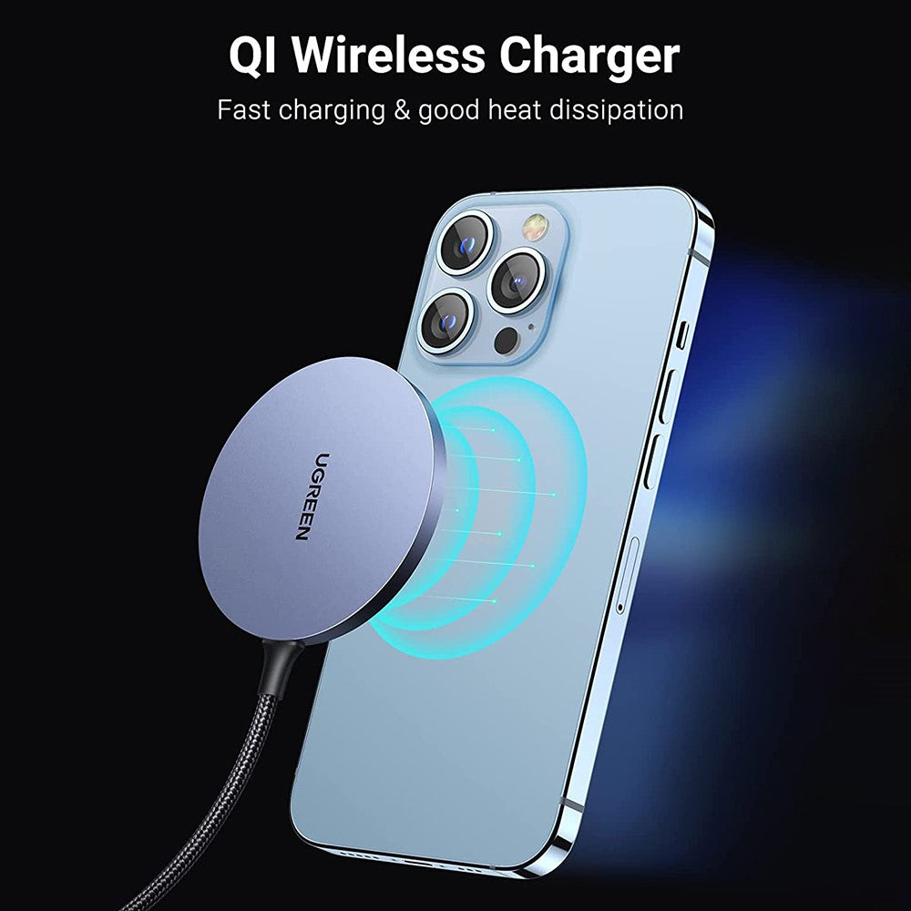 Ugreen 30233 wireless charger shown flat, purple-grey aluminium face with the Ugreen logo