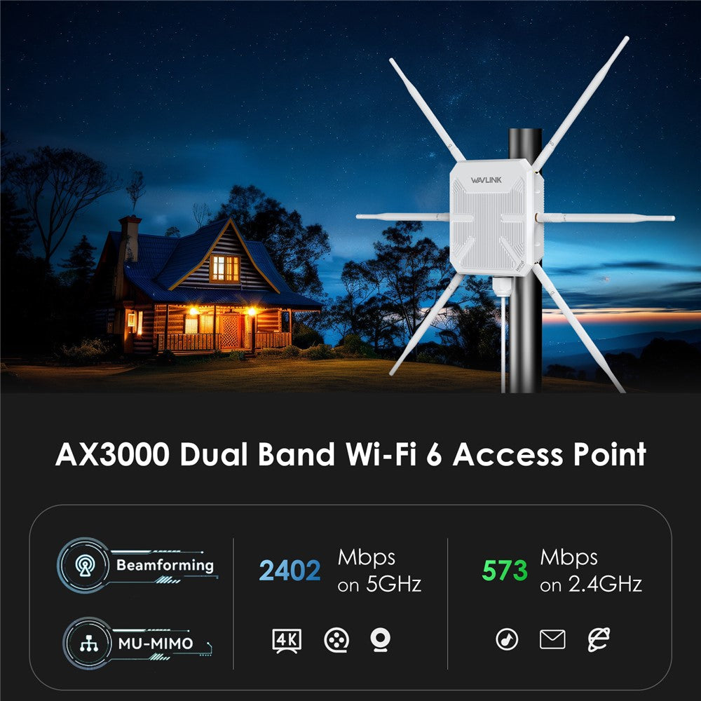 WAVLINK WN588HX3 AX3000 Dual Band Outdoor WiFi 6 Access Point Active / Passive PoE Repeater with 6x7dBi Antennas
