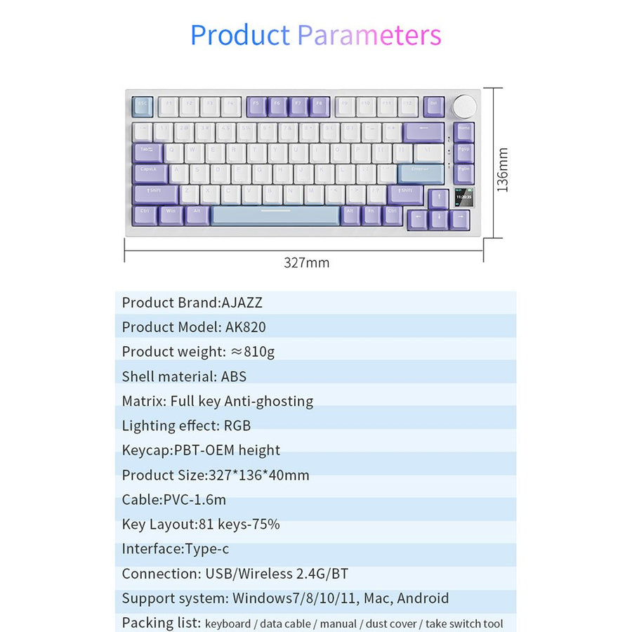 Ajazz AK820 Pro Wireless Mechanical Keyboard, Tri-Mode, 81 Keys, photo 14