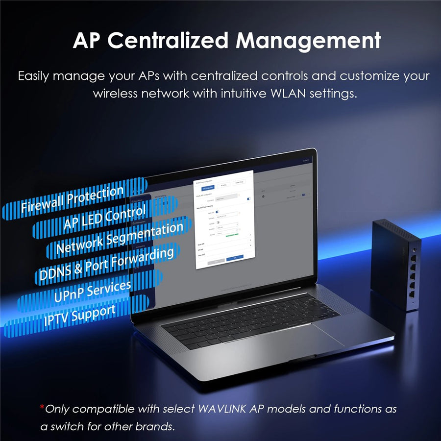 WAVLINK WN701AE 5-Port Gigabit Poe Switch IEEE 802.3AF / AT Auto-Discovery Centralized AP Management