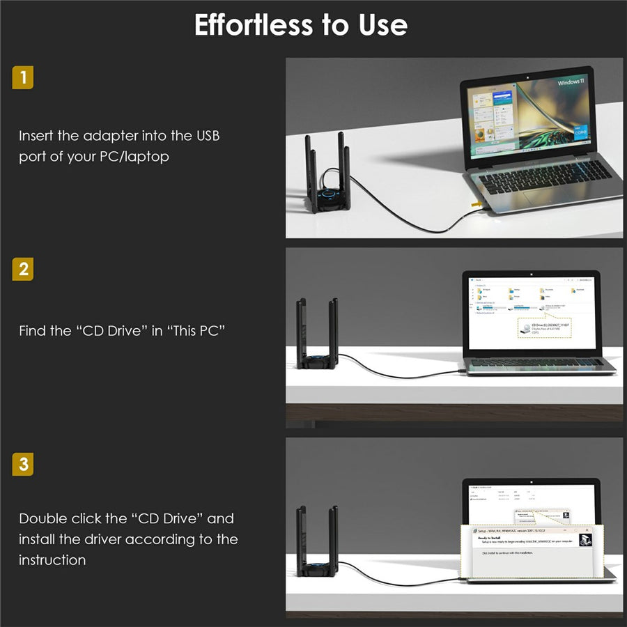 WAVLINK WN695X2 AX5400 Tri-Band Wireless Adapter USB WiFi 6 Dongle 4 Antennas Receiver