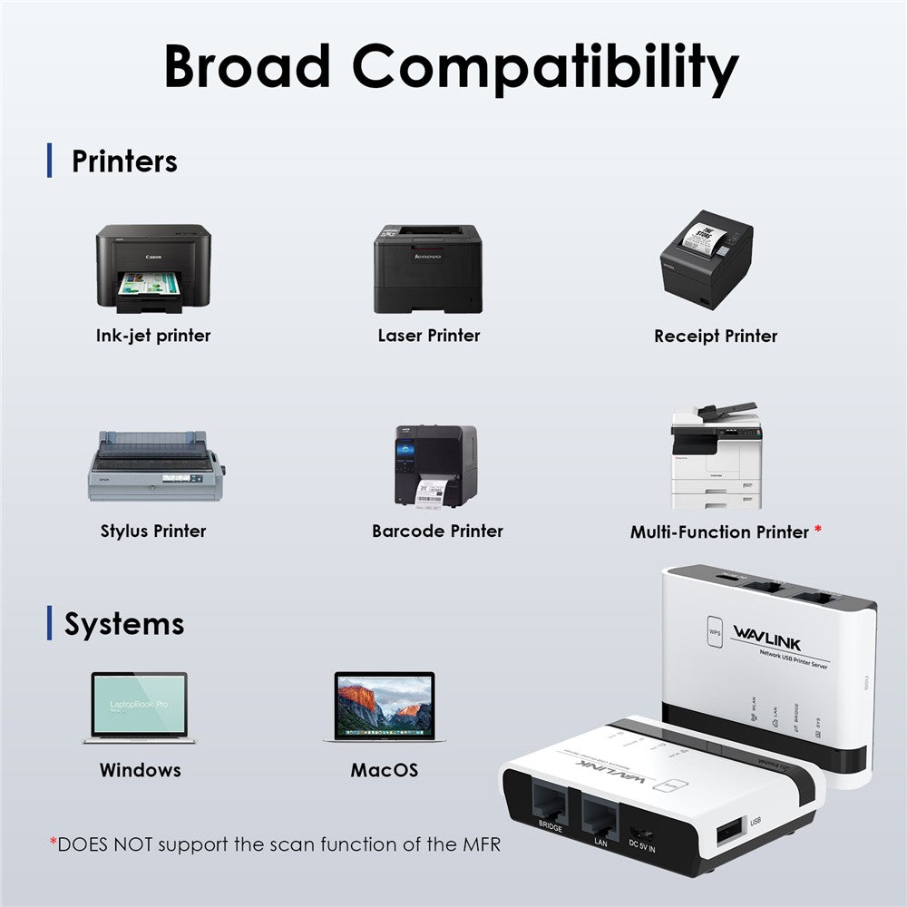 WAVLINK NU516U1 Wireless USB Print Server with 10 / 100Mbps LAN / Bridge WiFi USB2.0 Wireless Printer Server
