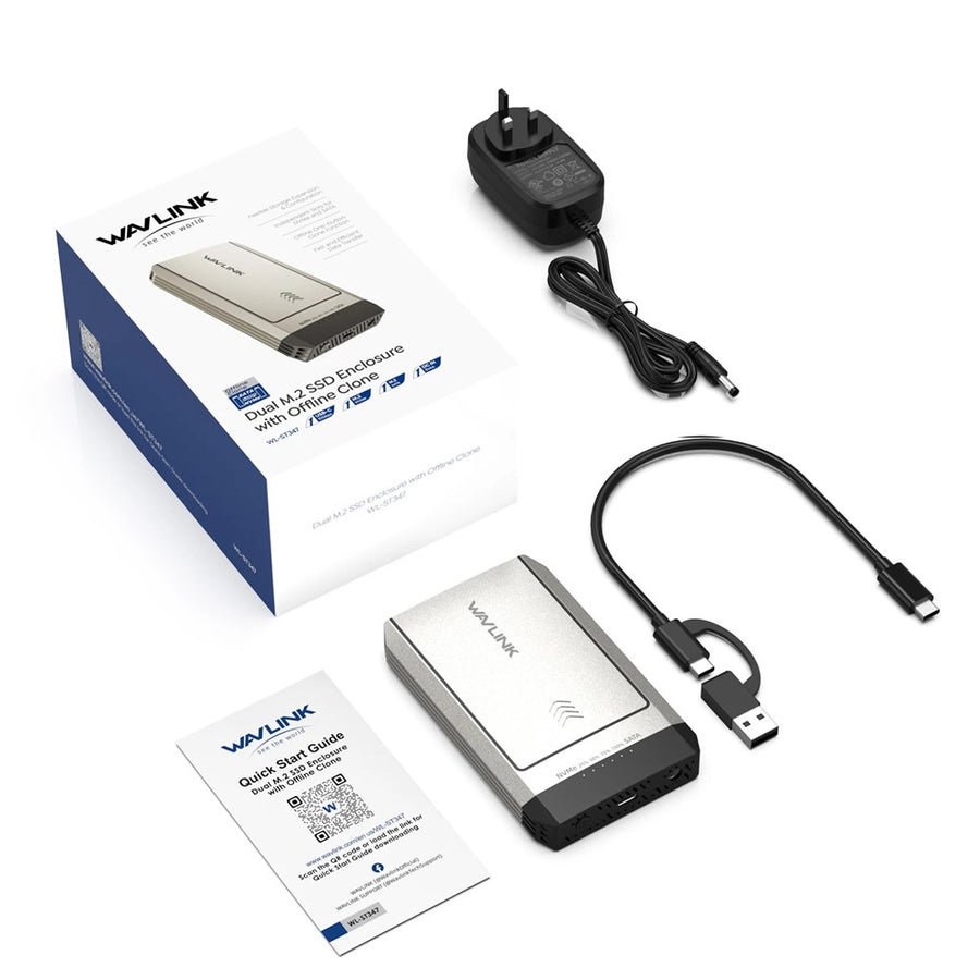 WAVLINK ST347 Dual Slot M.2 SSD Enclosure USB-C 3.2 Gen2 10Gbps One-Click Offline Clone For Data Migration  /  Backup