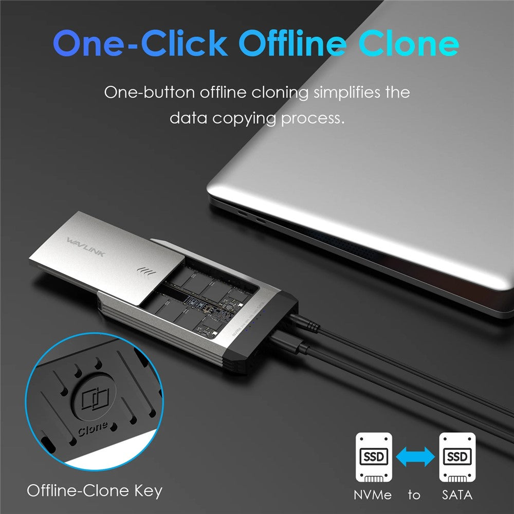 WAVLINK ST347 Dual Slot M.2 SSD Enclosure USB-C 3.2 Gen2 10Gbps One-Click Offline Clone For Data Migration  /  Backup