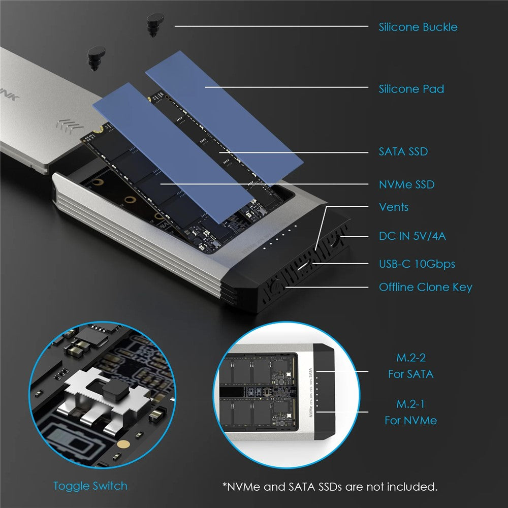 WAVLINK ST347 Dual Slot M.2 SSD Enclosure USB-C 3.2 Gen2 10Gbps One-Click Offline Clone For Data Migration  /  Backup