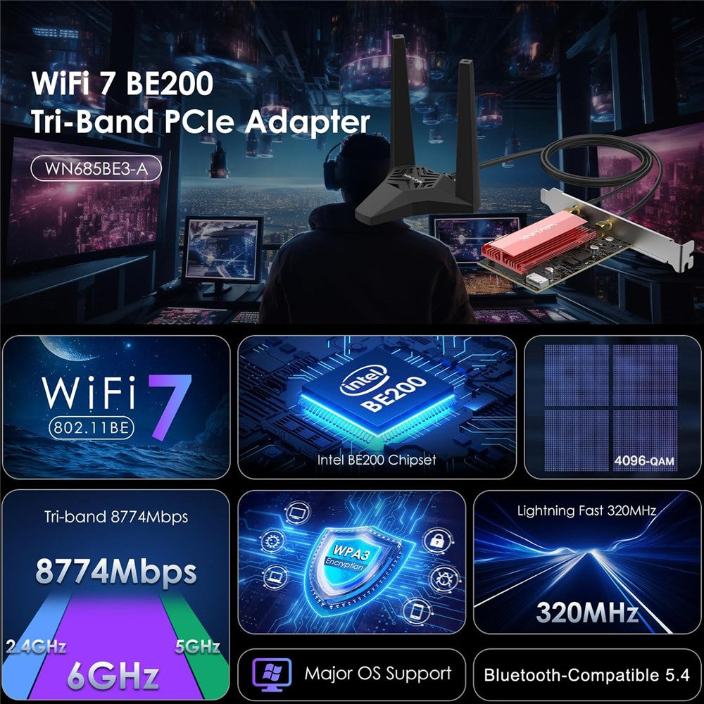 WAVLINK WL-WN685BE3-A Desktop PC WiFi 7 BE8800 Pcie Card Bluetooth-Compatible 5.4 8800Mbps Tri-Band BE200 Wireless Adapter