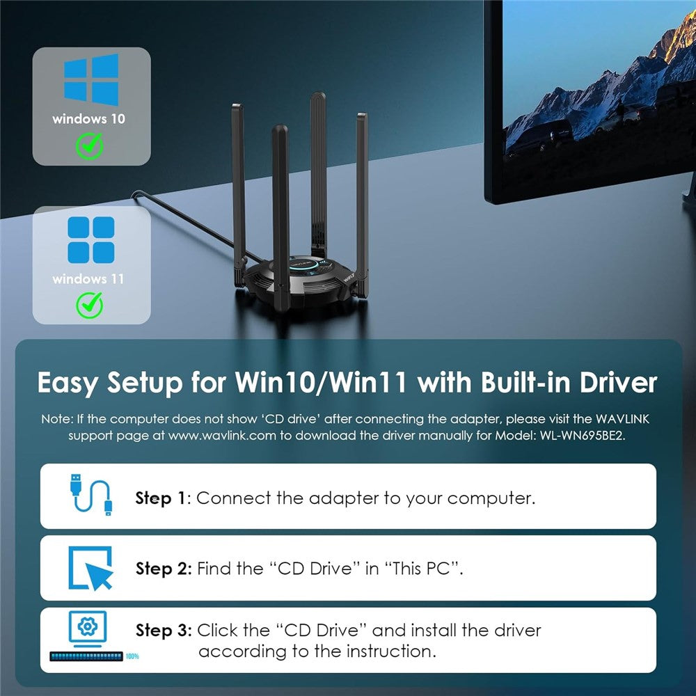 WAVLINK WN695BE2 BE6500 WiFi 7 Adapter Tri-Band 2.4GHz / 5GHz / 6GHz Booster High Gain Antennas USB 3.0 for Windows 10 / 11