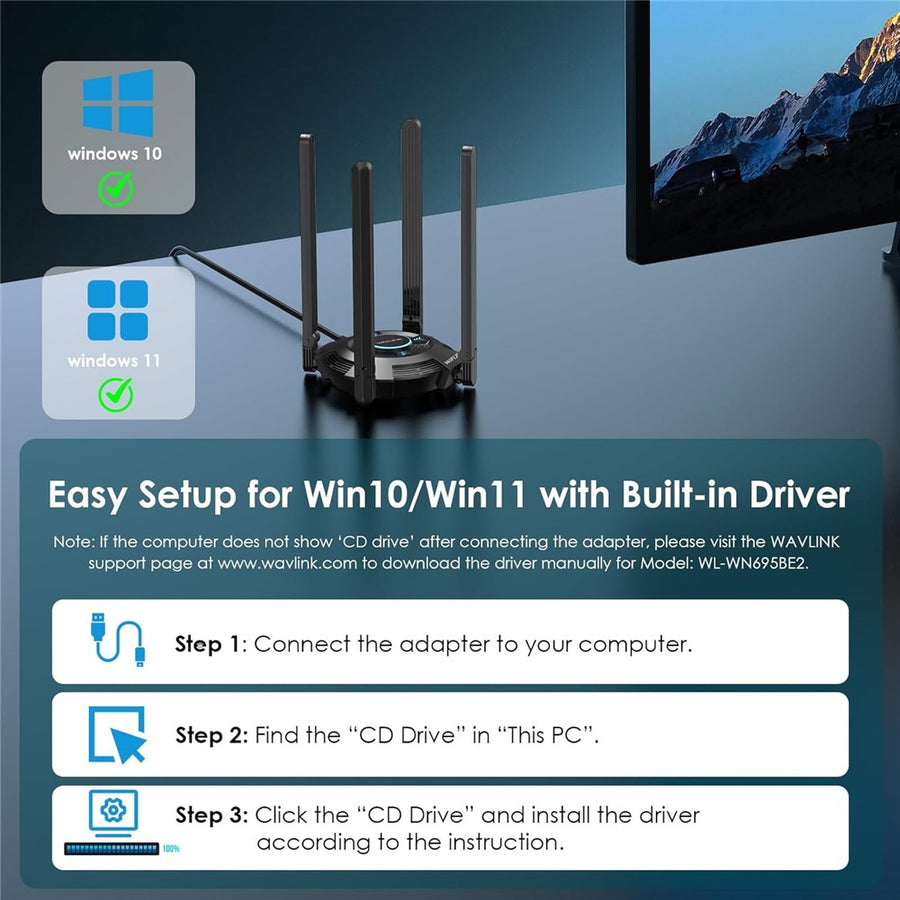 WAVLINK WN695BE2 BE6500 WiFi 7 Adapter Tri-Band 2.4GHz / 5GHz / 6GHz Booster High Gain Antennas USB 3.0 for Windows 10 / 11