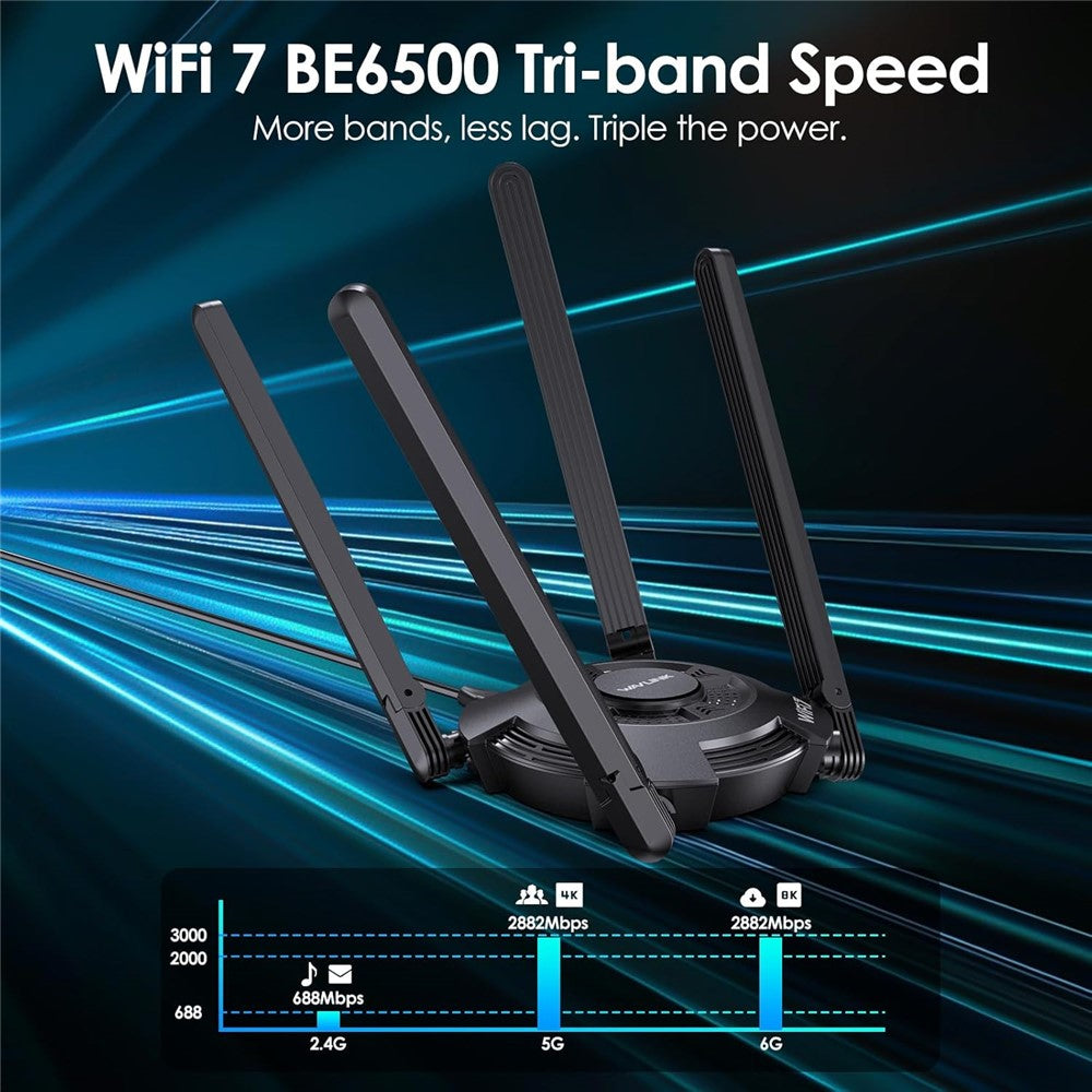 WAVLINK WN695BE2 BE6500 WiFi 7 Adapter Tri-Band 2.4GHz / 5GHz / 6GHz Booster High Gain Antennas USB 3.0 for Windows 10 / 11