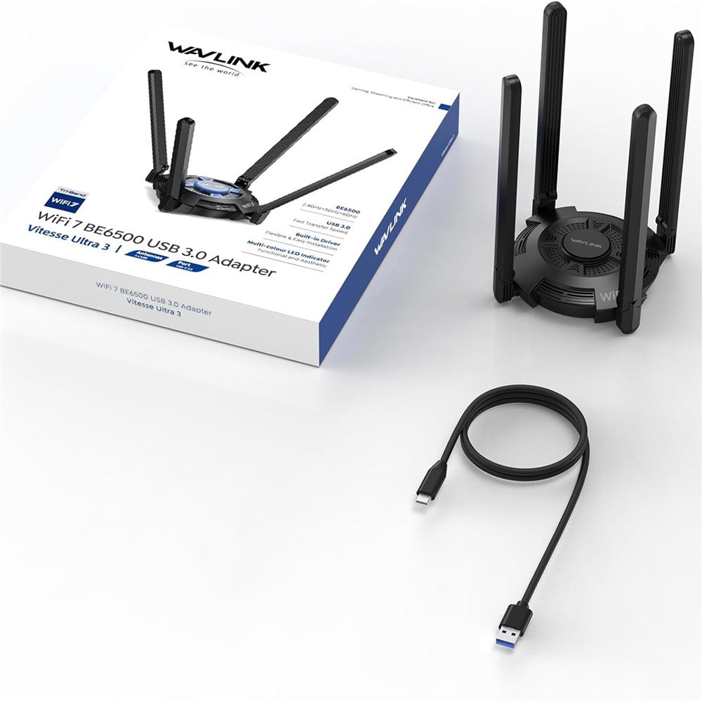 WAVLINK WN695BE2 BE6500 WiFi 7 Adapter Tri-Band 2.4GHz / 5GHz / 6GHz Booster High Gain Antennas USB 3.0 for Windows 10 / 11