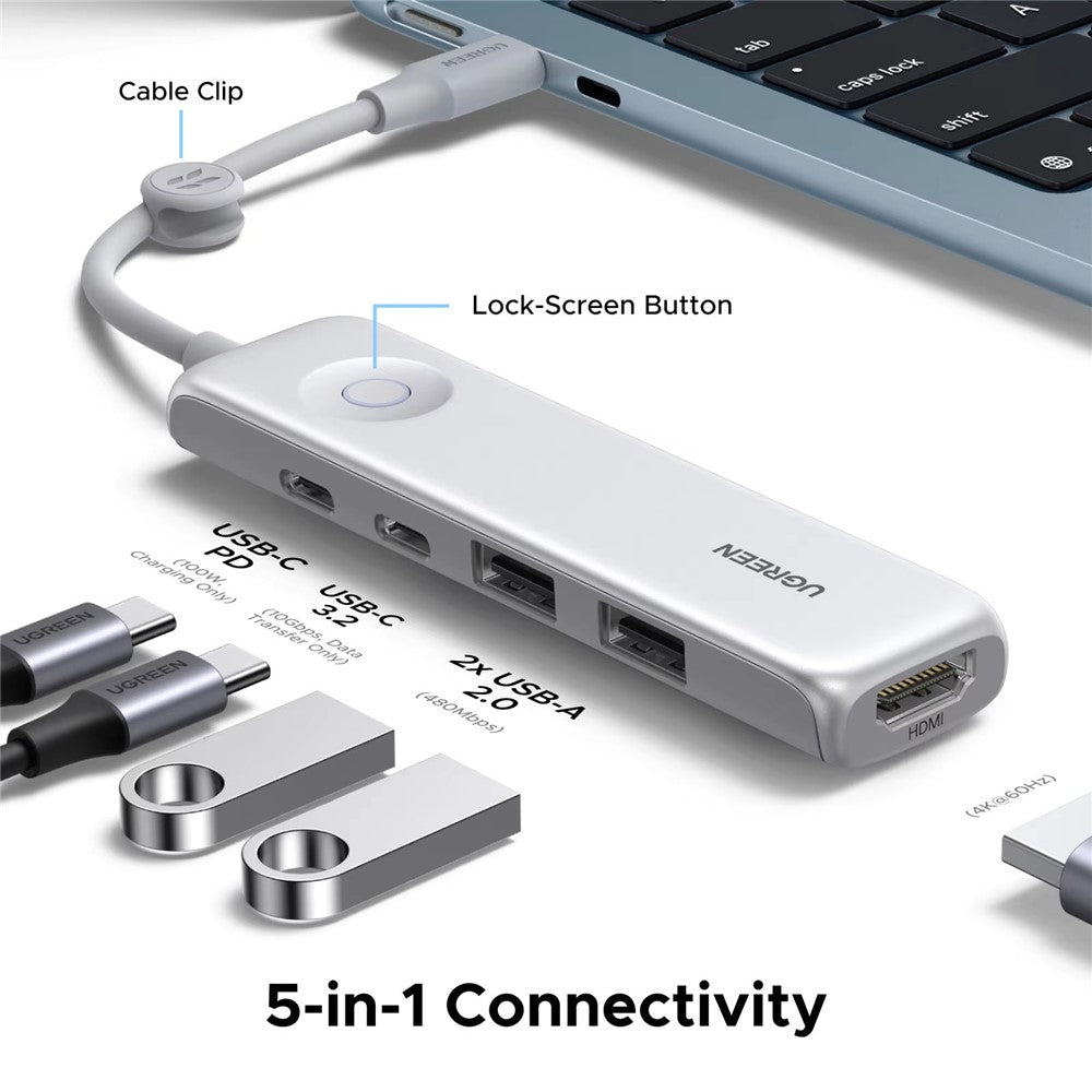 UGREEN U601 95189 5 in 1 USB-C Hub 4K / 60Hz HD PD 100W Fast Charging USB 3.2 Gen2 10Gbps Type-C Docking Station for MacBook Laptop