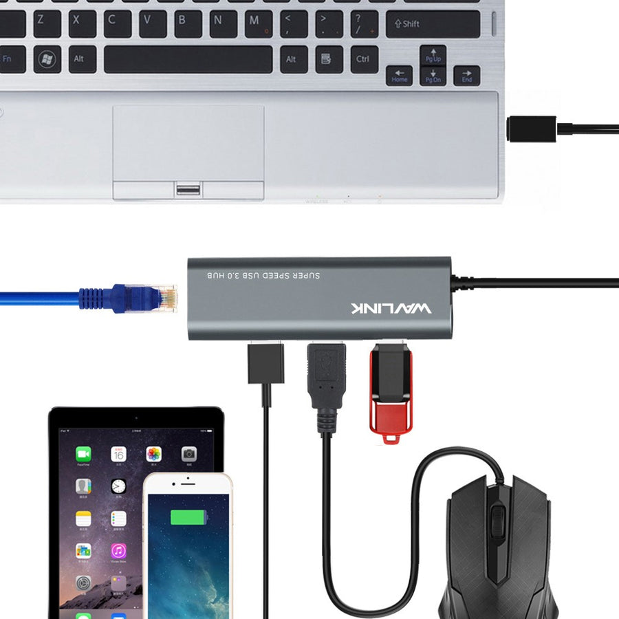 WAVLINK UH3031G / C Type-C Hub Mini Adapter to 3 x USB 3.0 + USB-C + RJ45 + DC Power Port