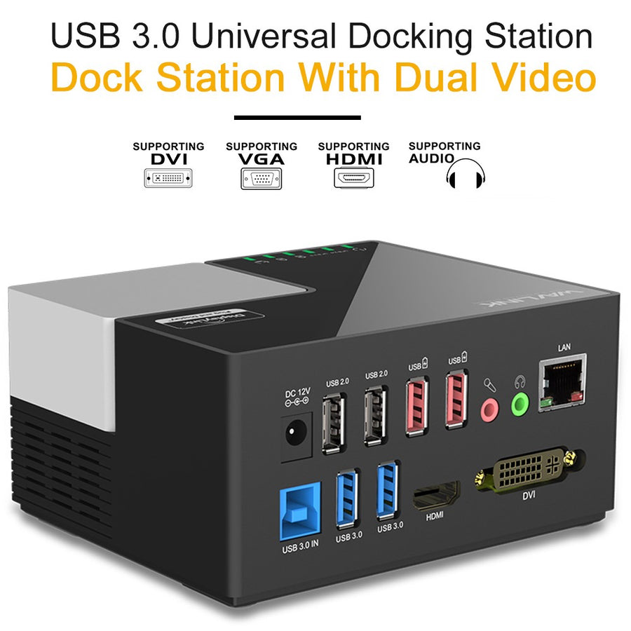 WAVLINK WL-UG39DK3 USB 3.0 Hub Fast Charging Gigabit Ethernet Dual Display Video Dock with DVI / HD