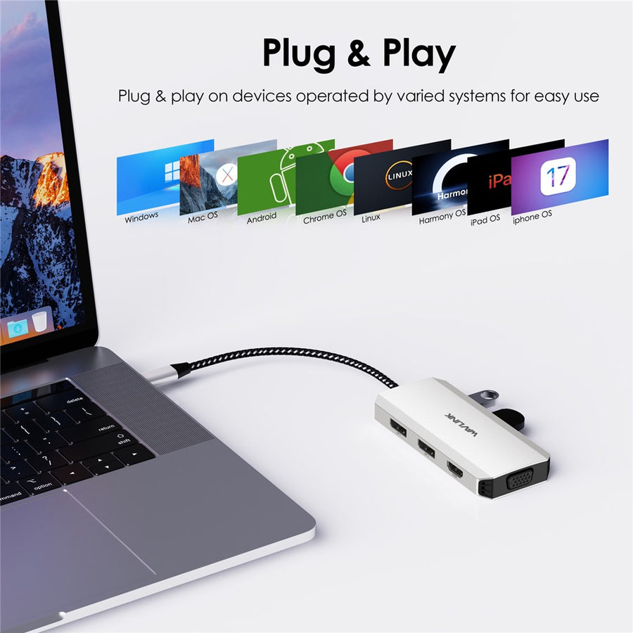 WAVLINK WL-UMD307 Hub Adapter Type-C to HD 4K@60Hz+VGA 1080P@60Hz+3xUSBA2.0+2xDP Docking Station