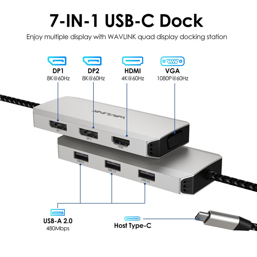 WAVLINK WL-UMD307 Hub Adapter Type-C to HD 4K@60Hz+VGA 1080P@60Hz+3xUSBA2.0+2xDP Docking Station