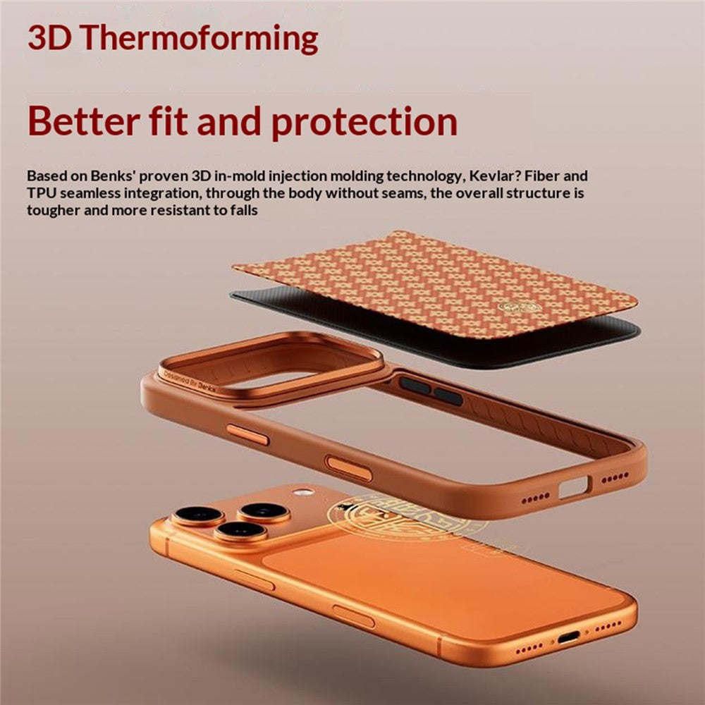 BENKS for iPhone 18 Pro / 17 Pro Magnetic Case Aramid Fiber Shockproof Cover with Golden Badge Decor