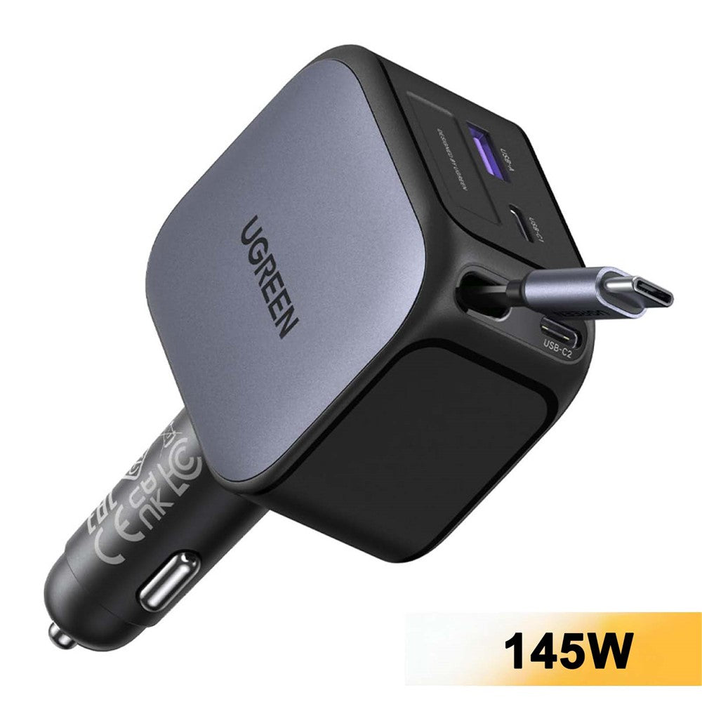 UGREEN 55910 USB-A + 2 USB-C 100W Fast Car Charger with 60W Retractable USB-C Cable for iPhone iPad MacBook