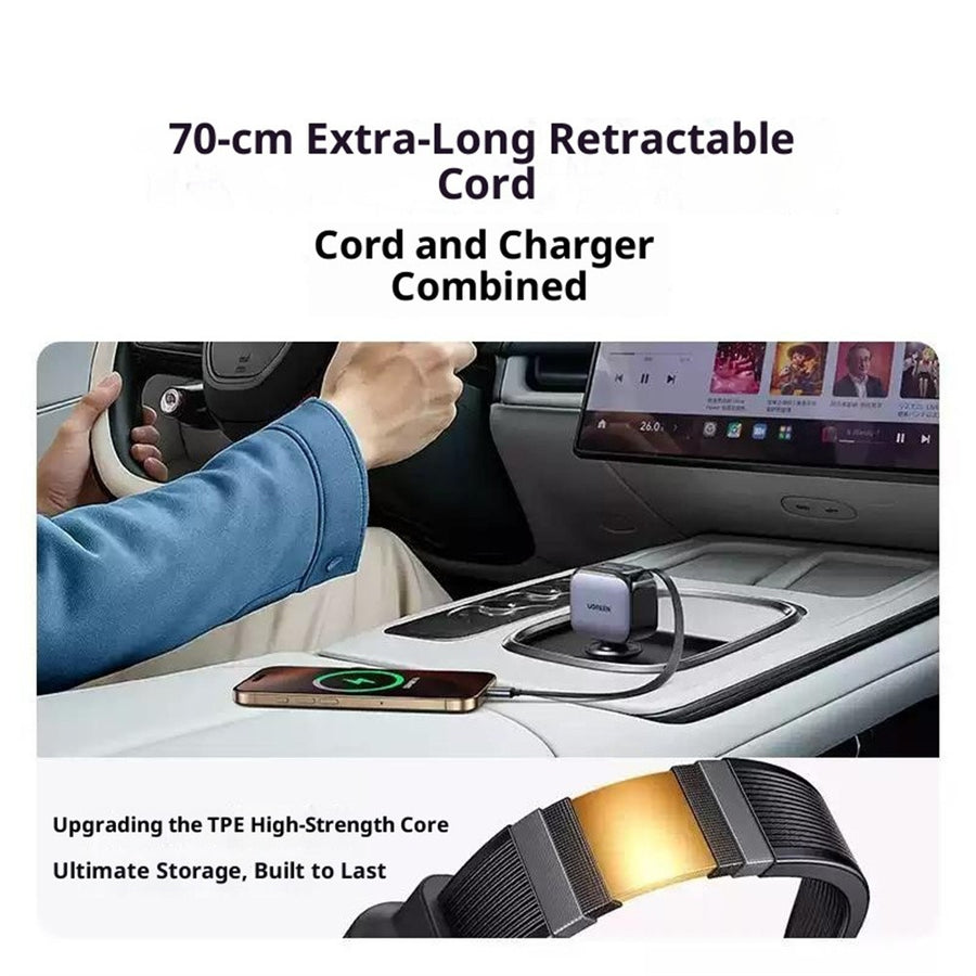 UGREEN 55910 USB-A + 2 USB-C 100W Fast Car Charger with 60W Retractable USB-C Cable for iPhone iPad MacBook