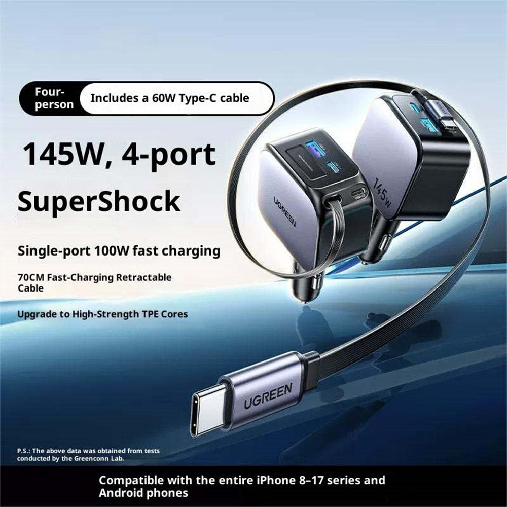 UGREEN 55910 USB-A + 2 USB-C 100W Fast Car Charger with 60W Retractable USB-C Cable for iPhone iPad MacBook
