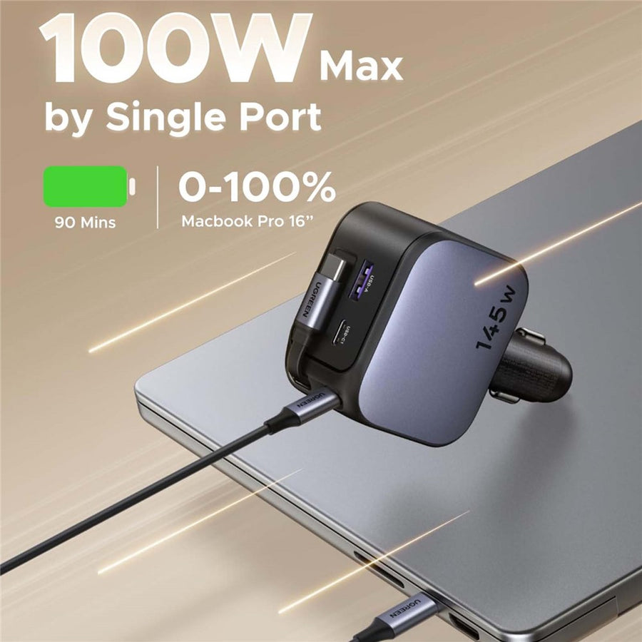 UGREEN 55910 USB-A + 2 USB-C 100W Fast Car Charger with 60W Retractable USB-C Cable for iPhone iPad MacBook