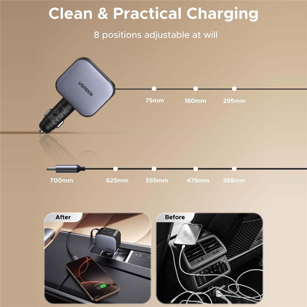 UGREEN 55910 USB-A + 2 USB-C 100W Fast Car Charger with 60W Retractable USB-C Cable for iPhone iPad MacBook