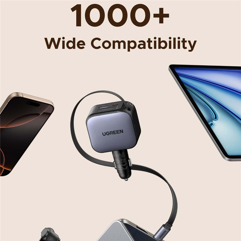 UGREEN 55910 USB-A + 2 USB-C 100W Fast Car Charger with 60W Retractable USB-C Cable for iPhone iPad MacBook