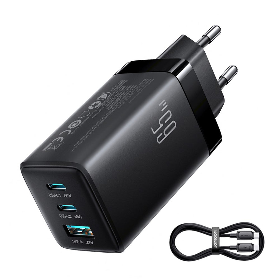 JOYROOM JR-TG10 65W EU Plug Fast Charging Adapter USB-A + Dual Type-C GaN Charger with 1.2m 100W USB-C Cable