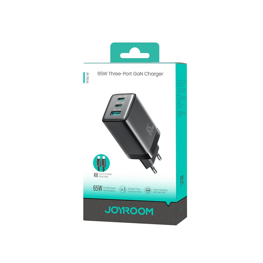JOYROOM JR-TG10 65W EU Plug Fast Charging Adapter USB-A + Dual Type-C GaN Charger with 1.2m 100W USB-C Cable