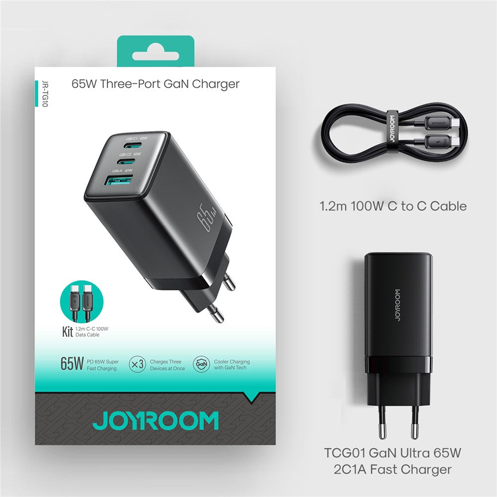 JOYROOM JR-TG10 65W EU Plug Fast Charging Adapter USB-A + Dual Type-C GaN Charger with 1.2m 100W USB-C Cable