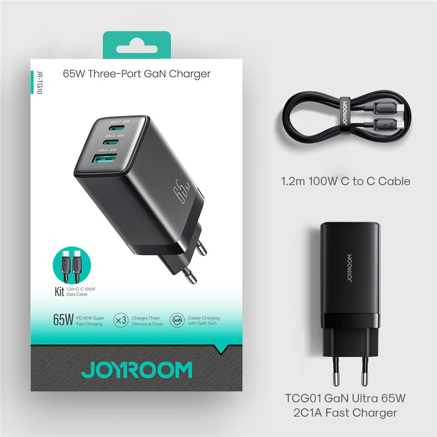 JOYROOM JR-TG10 65W EU Plug Fast Charging Adapter USB-A + Dual Type-C GaN Charger with 1.2m 100W USB-C Cable