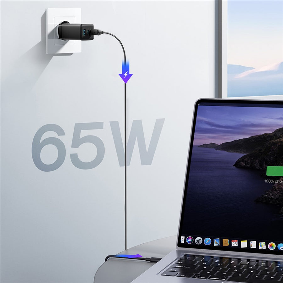 JOYROOM JR-TG10 65W EU Plug Fast Charging Adapter USB-A + Dual Type-C GaN Charger with 1.2m 100W USB-C Cable