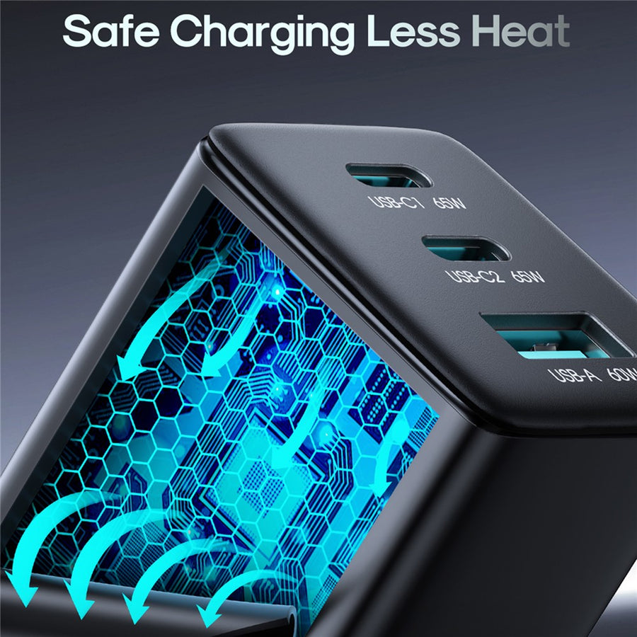 JOYROOM JR-TG10 65W EU Plug Fast Charging Adapter USB-A + Dual Type-C GaN Charger with 1.2m 100W USB-C Cable