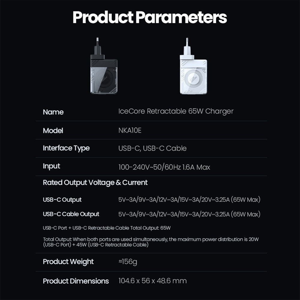 NILLKIN Icecore 65W GaN Charger, Retractable USB-C, EU Plug, photo 7