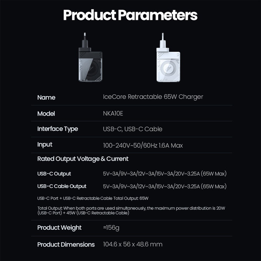 NILLKIN Icecore 65W GaN Charger, Retractable USB-C, EU Plug, photo 7