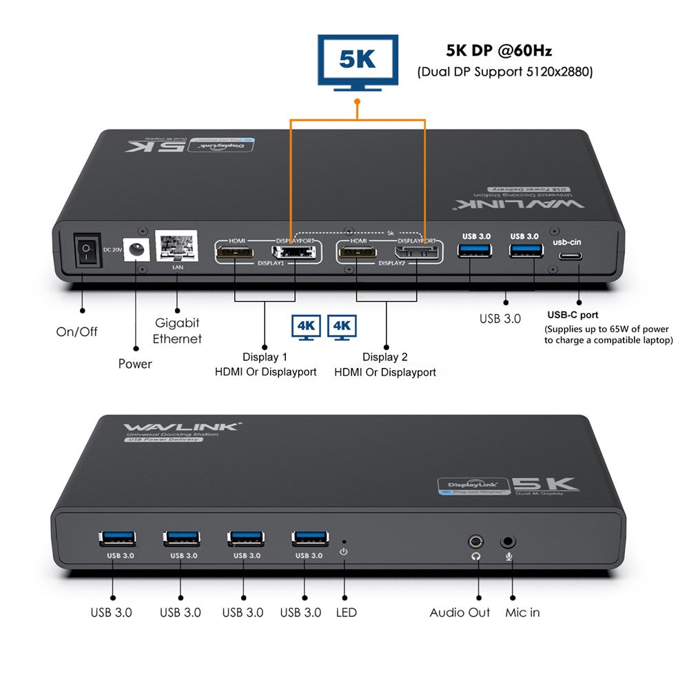 WAVLINK UG69PD6 USB-C Dual 4K Laptop Docking Station 5K / 60Hz HD Displaylink 65 / 100W PD Charging for Windows Mac OS