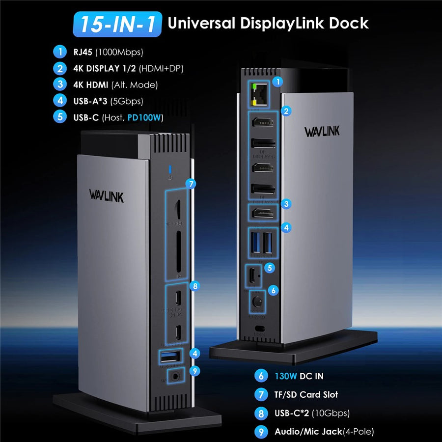 WAVLINK WL-UG69PD13Pro For MacBook M1 M2 M3 / Windows 15 in 1 Laptop Docking Station 3 HD USB C Displaylink Hub