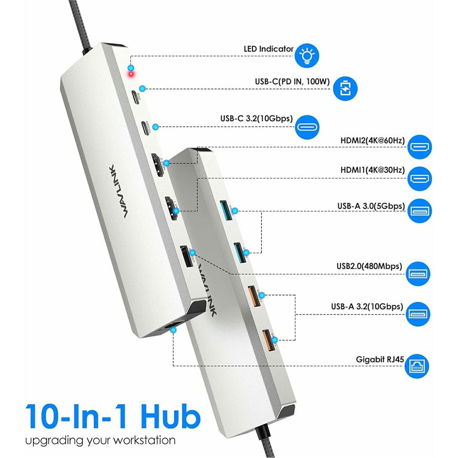 WAVLINK UMD309 10 in 1 USB-C Hub Dual HD 100W PD 10Gbps USB-A USB-C Docking Station