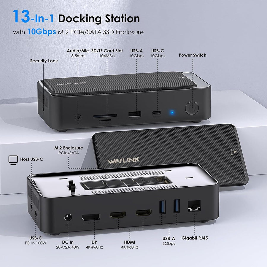 WAVLINK UMD23M 13 In 1 USB C Hub with 10Gbps M.2 Pcie / SATA SSD Enclosure Docking Station for Laptop Tablet