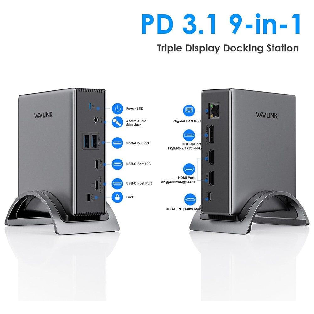 WAVLINK UMD27PRO Laptop Docking Station 2 HD + DP 140W PD Hub Adapter Support 8K 30Hz  /  4K 144Hz