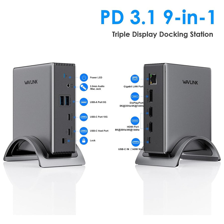 WAVLINK UMD27PRO Laptop Docking Station 2 HD + DP 140W PD Hub Adapter Support 8K 30Hz  /  4K 144Hz