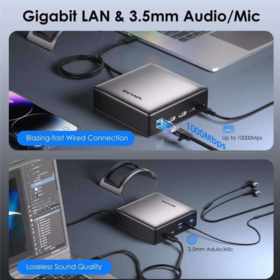 WAVLINK UMD27PRO Laptop Docking Station HD + 2 DP Ports 140W PD USB Hub Support 8K 30Hz  /  4K 144Hz