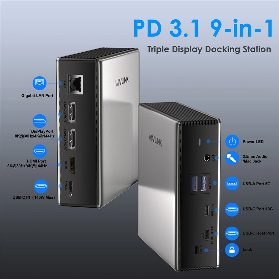 WAVLINK UMD27PRO Laptop Docking Station HD + 2 DP Ports 140W PD USB Hub Support 8K 30Hz  /  4K 144Hz