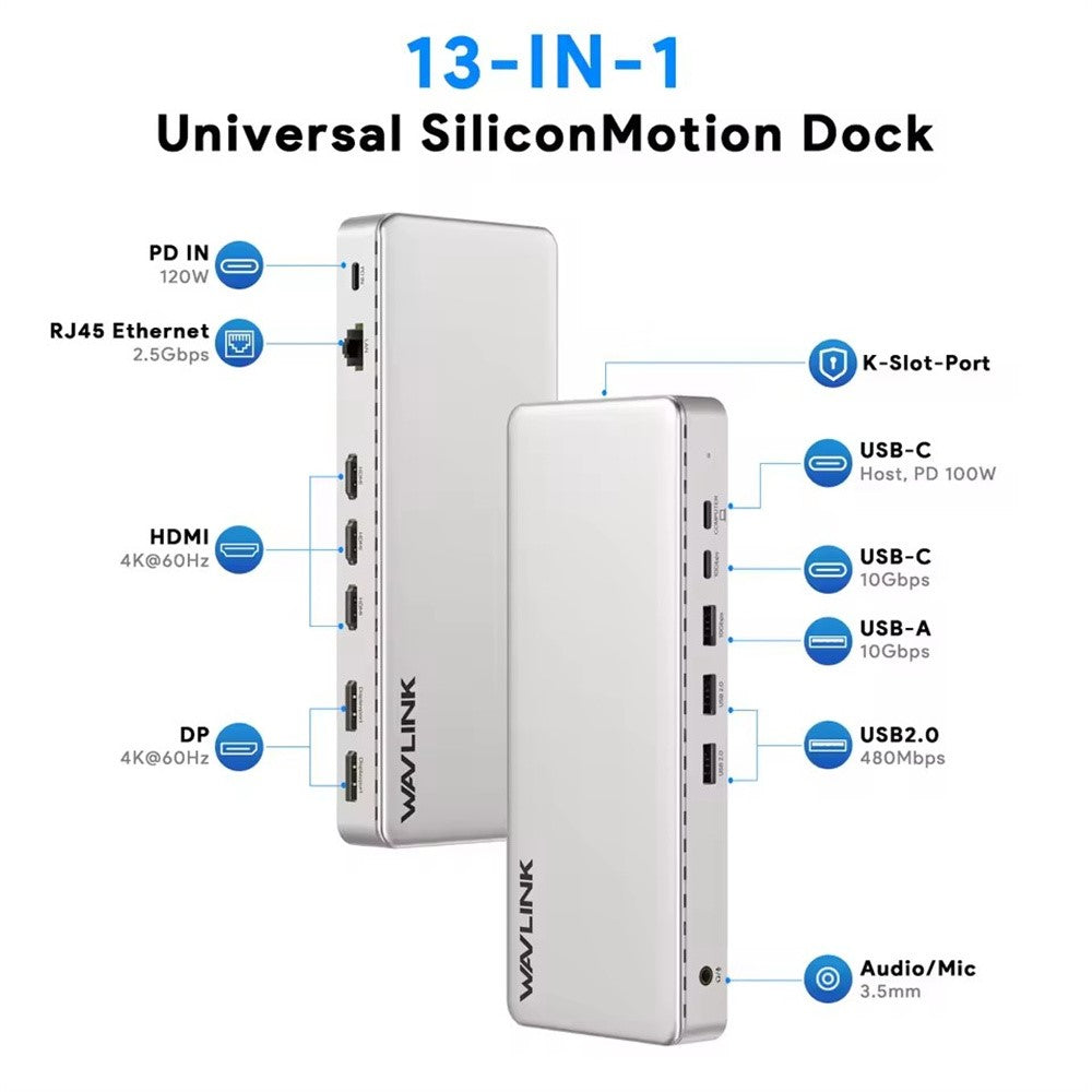 WAVLINK UG7701PRO 13 in 1 Docking Station with SM770 Chip USB-C / A to HD / DP Hub Adapter Support Triple 4K@60Hz Display for Laptop / PC