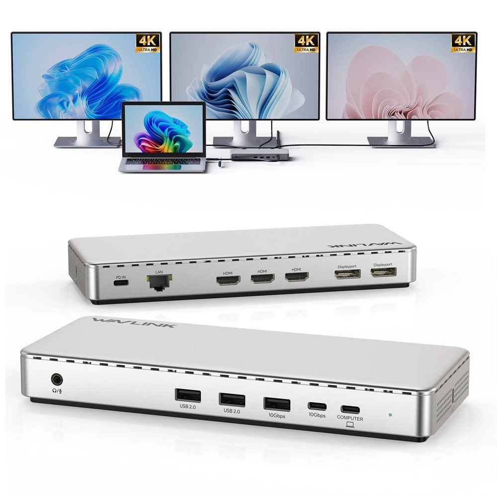 WAVLINK UG7701PRO 13 in 1 Docking Station with SM770 Chip USB-C / A to HD / DP Hub Adapter Support Triple 4K@60Hz Display for Laptop / PC