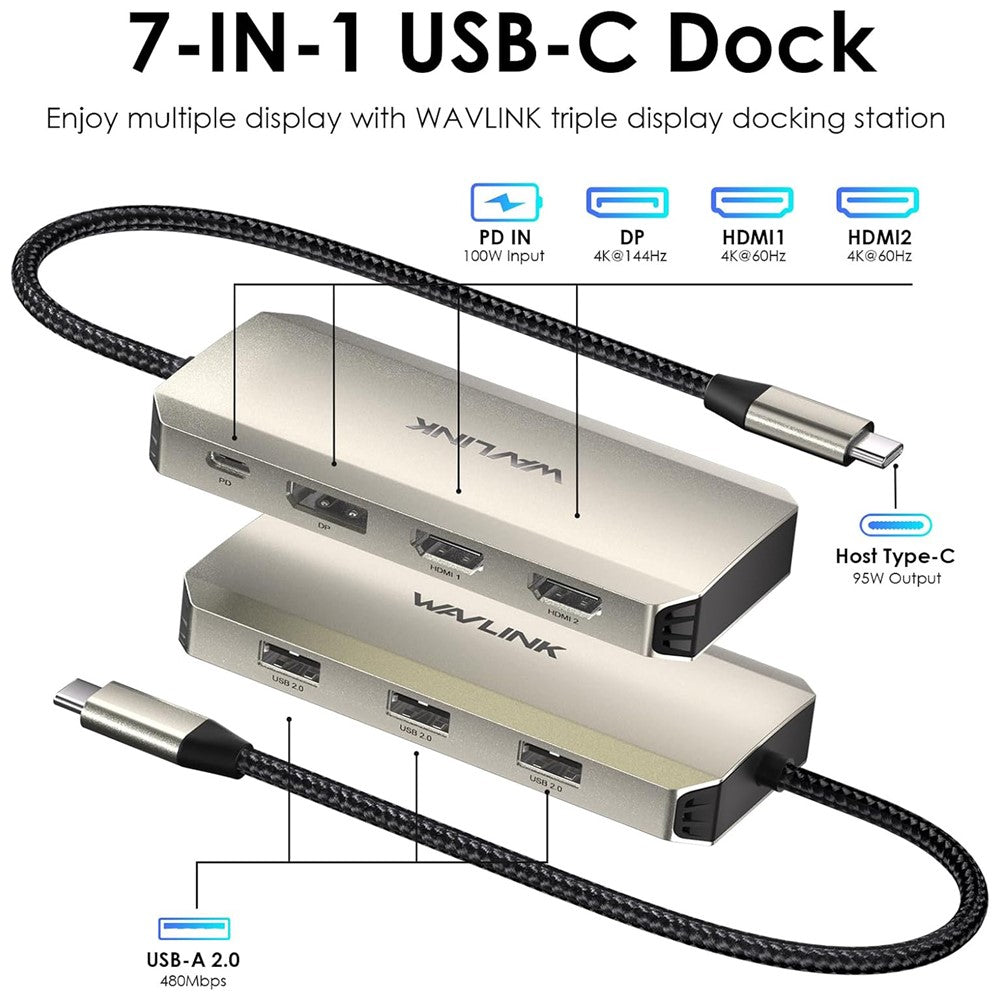 WAVLINK WL-UMD308L Triple 4K Docking Station USB-C Hub Adapter with HD / DP / 100W PD Ports for Laptops