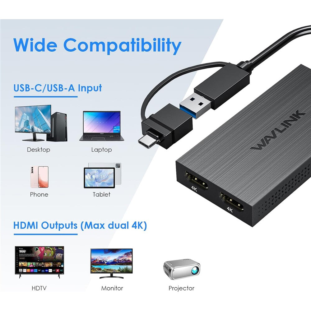WAVLINK UG6902H DisplayLink USB-C HD Adapter USB-C / USB 3.0 to Dual HD Converter Support 4K 60Hz UG6902H Dual Display