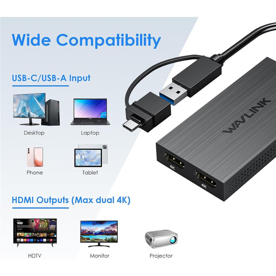 WAVLINK UG6902H DisplayLink USB-C HD Adapter USB-C / USB 3.0 to Dual HD Converter Support 4K 60Hz UG6902H Dual Display
