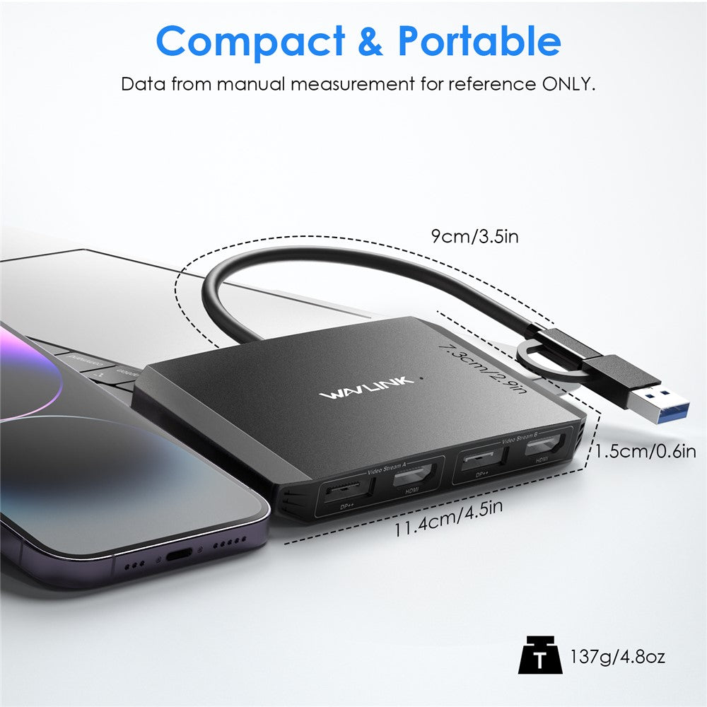 WAVLINK WL-UG69DH2 USB+Type-C to Dual 4K HD DisplayPort Dual Monitor Adapter Splitter