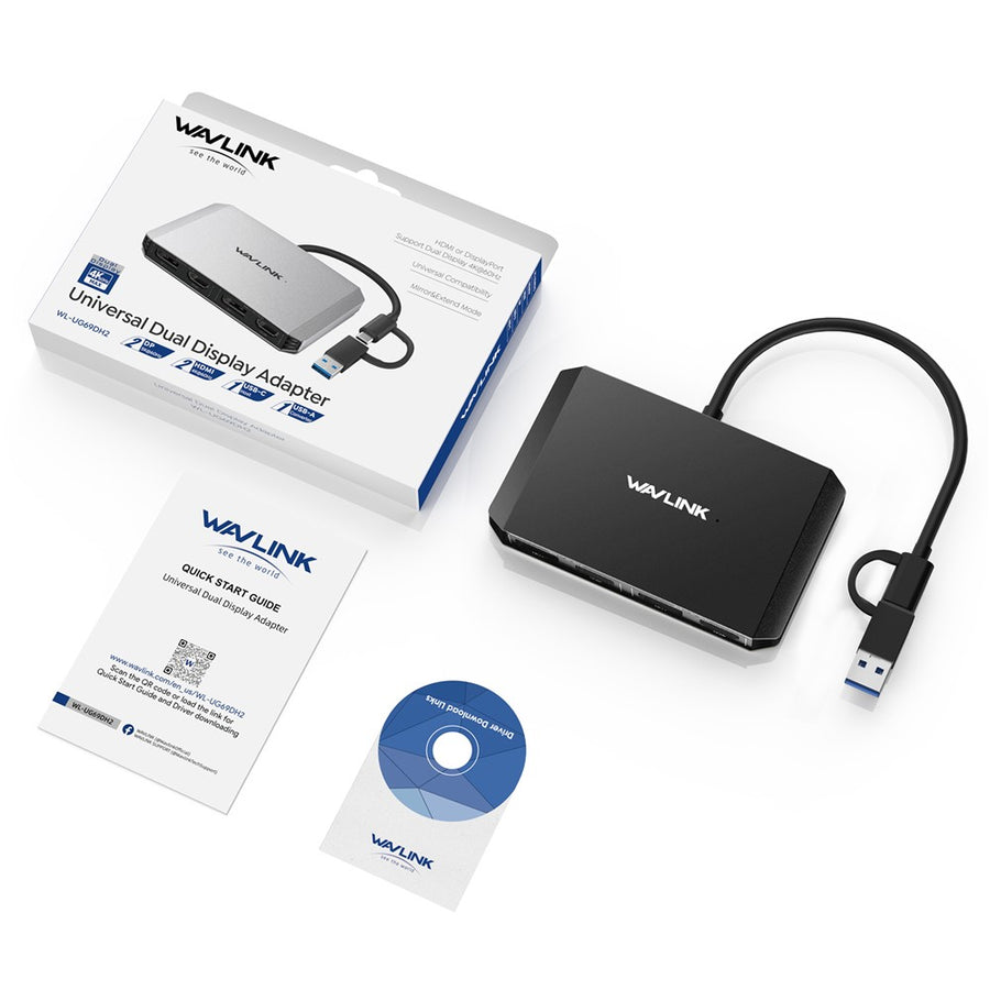 WAVLINK WL-UG69DH2 USB+Type-C to Dual 4K HD DisplayPort Dual Monitor Adapter Splitter